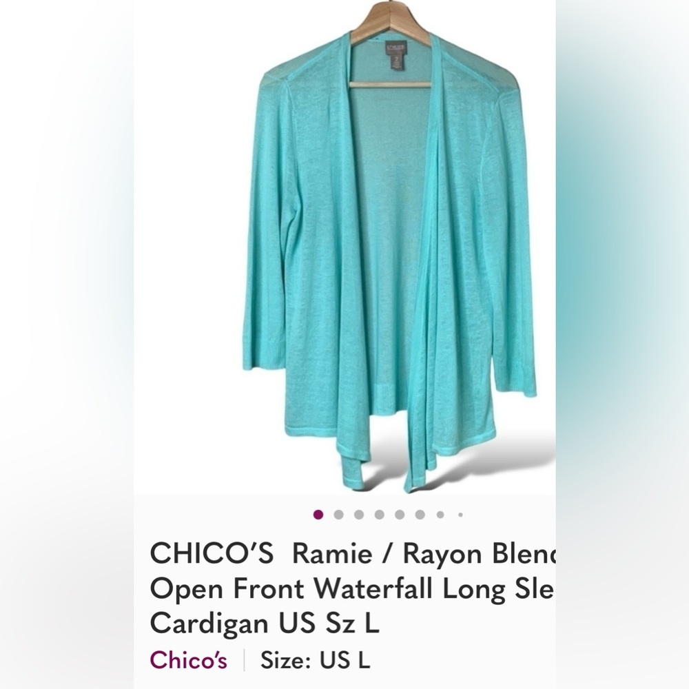Chico's Aqua Open Front Cardigan rayon and viscose!! Such a nice peice!